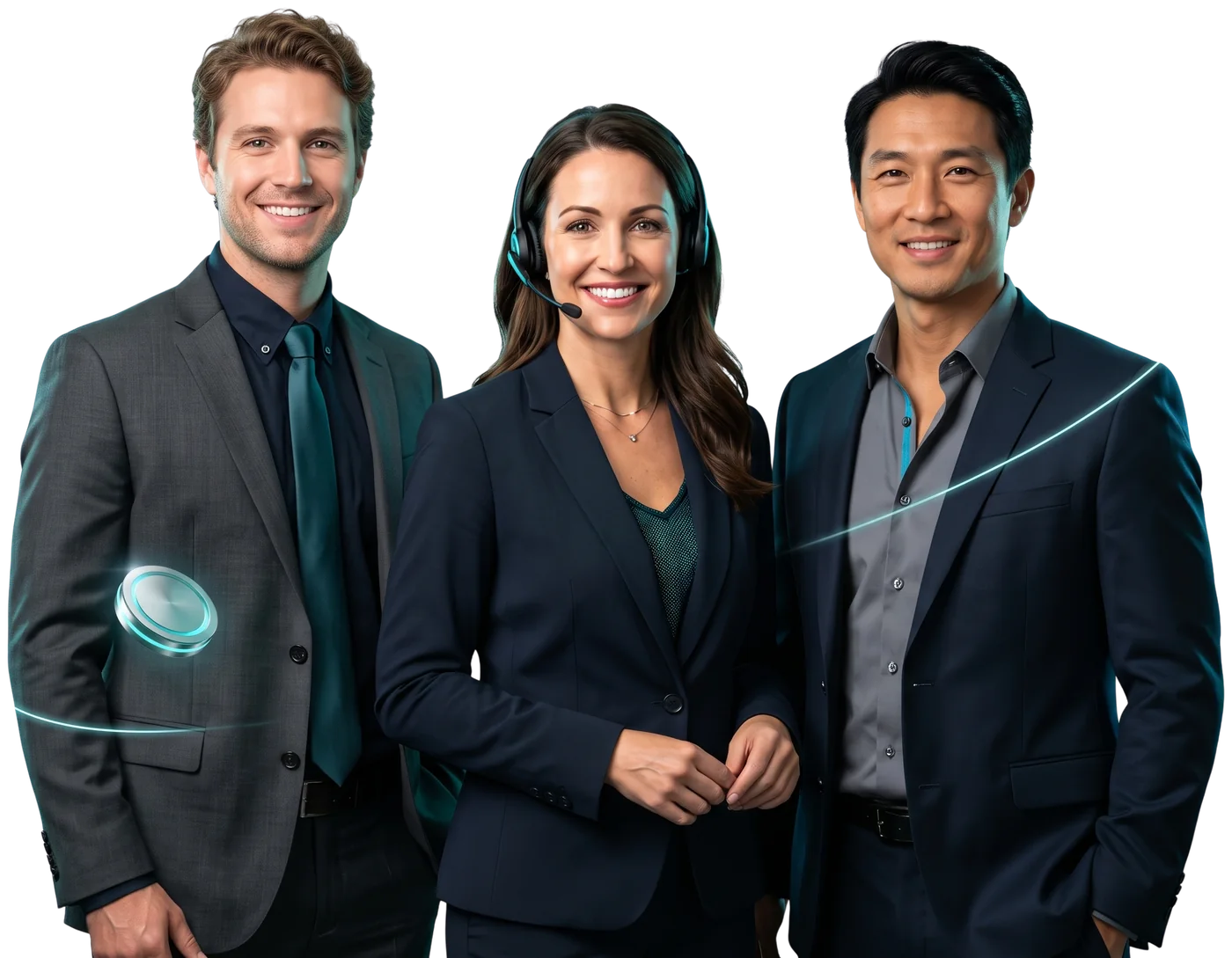 Client support team wearing business attire, one with a headset